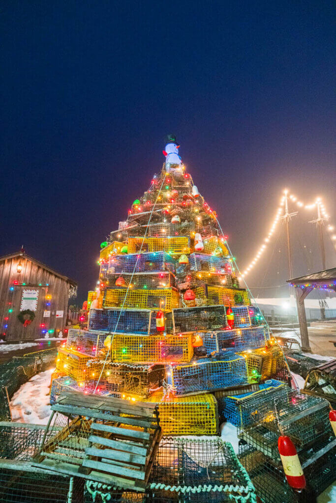 Lobster Trap Christmas tree in Lunenburg Nova Scotia lit up at night
