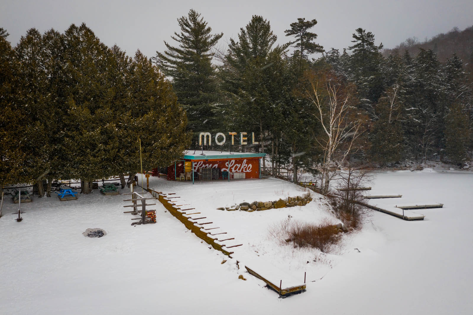 Long Lake Motel in the Adirondacks New York during a snow storm