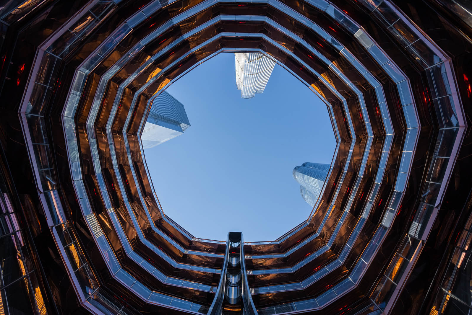 Looking up through the Vessel at Hudson Yards in NYC