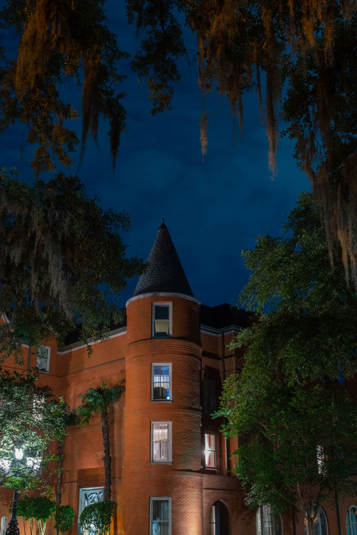 Mansion on Forsyth Park at night in Savannah Georgia