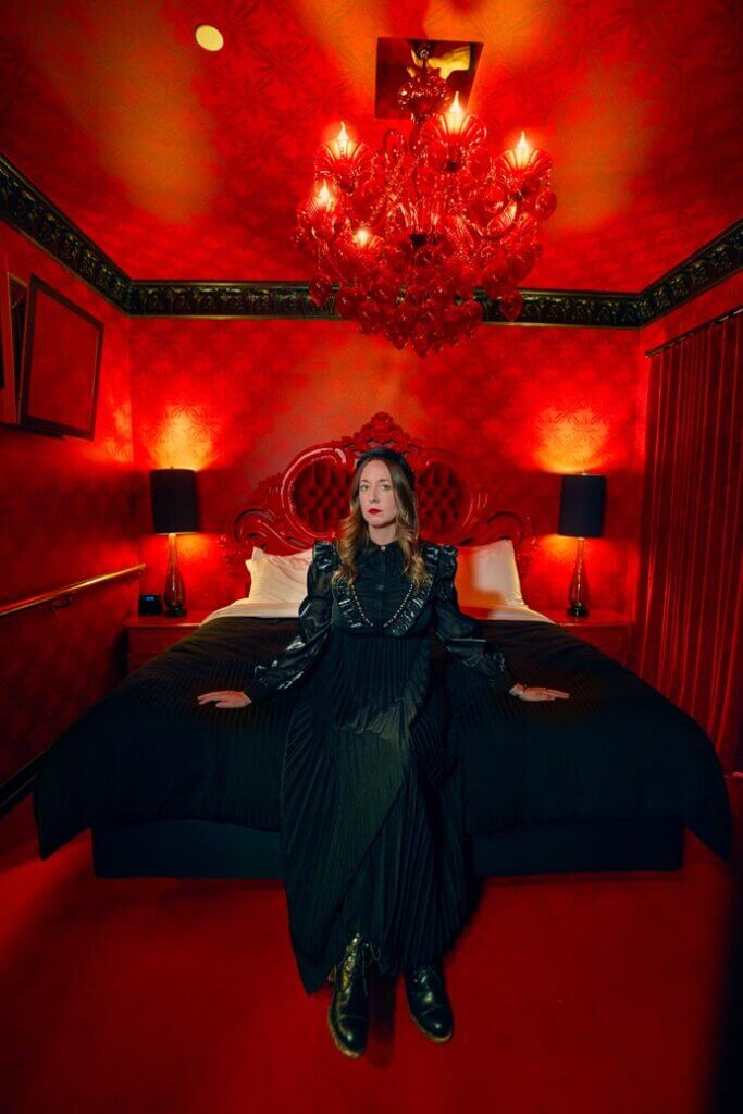 Megan Downstairs beddrom in Dracula Fangs at the Roxbury Motel at Stratton Falls in the Catskills NY