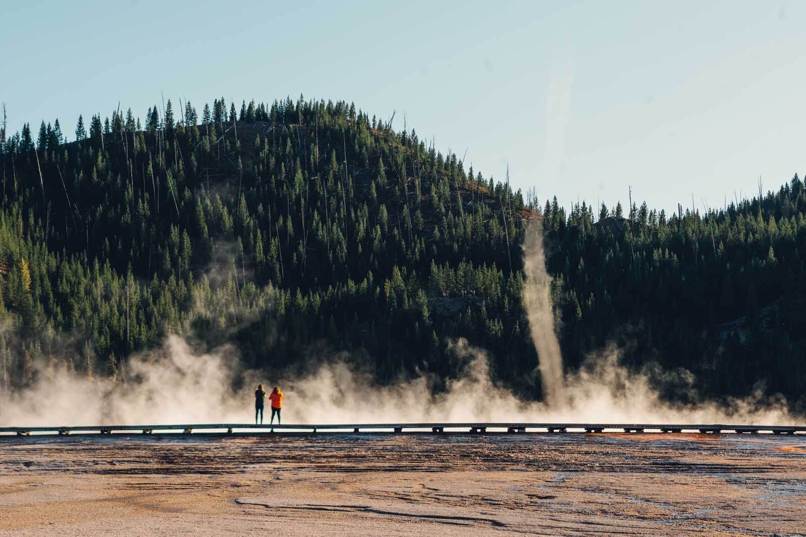 Megan and Carol photographing Grand Prismatic Spring from the Boardwalk in Yellowstone National Park