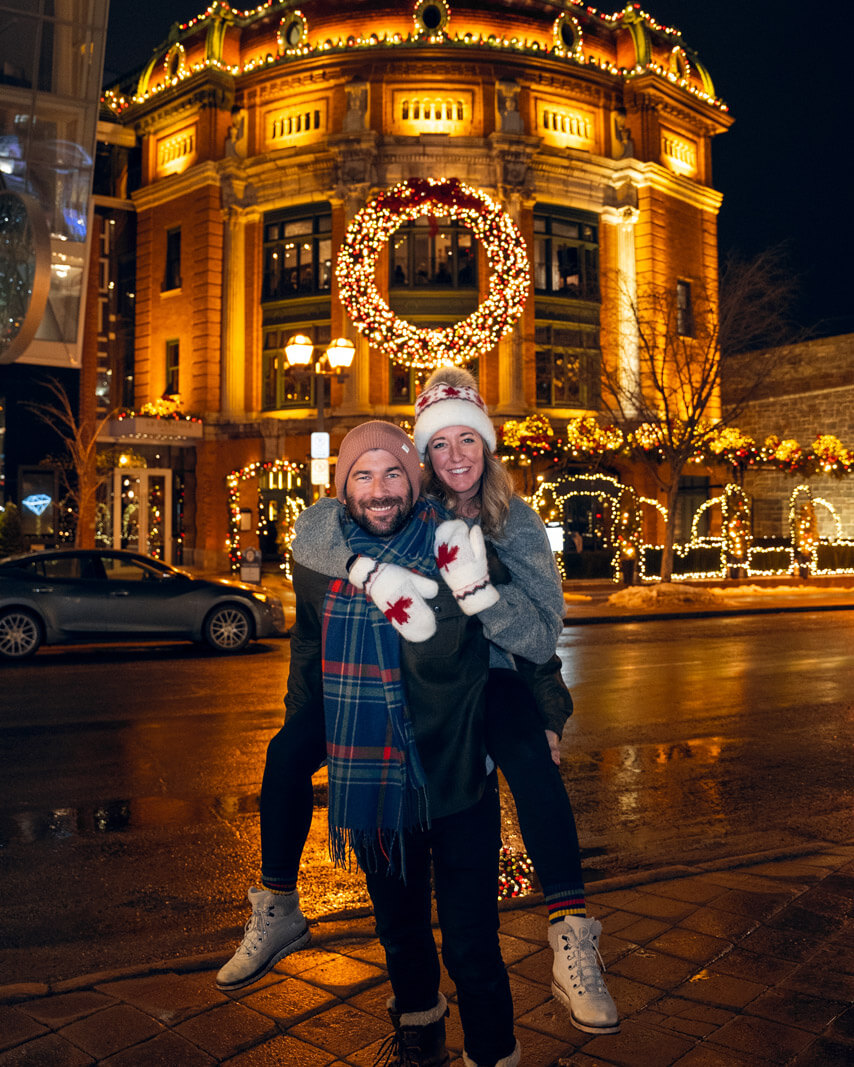 Megan Indoe and Scott Herder at Place dYouville at Christmas time in Quebec City