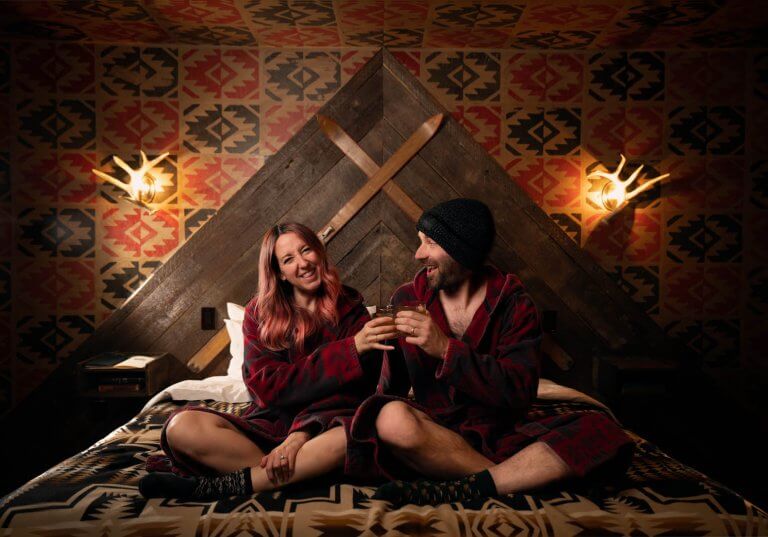 Megan and Scott cozied up in our room at the Urban Cowboy in the Catskills New York