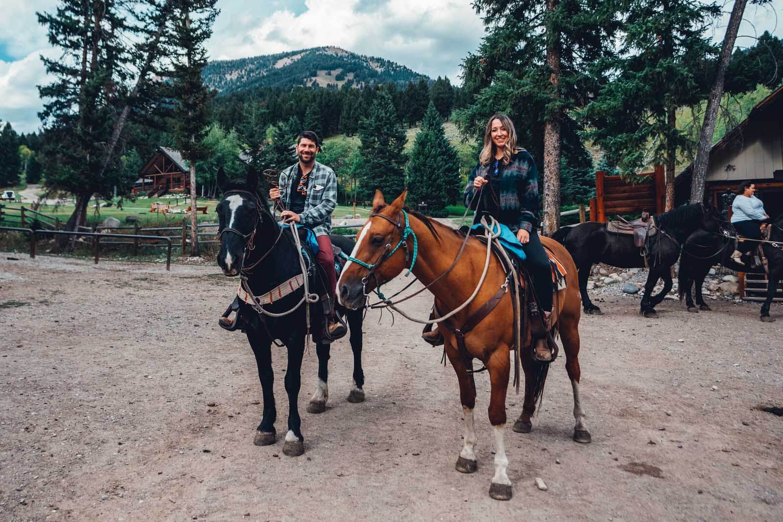 Megan and Scott horseback riding at Lone Mountain Ranch in Big Sky Montana