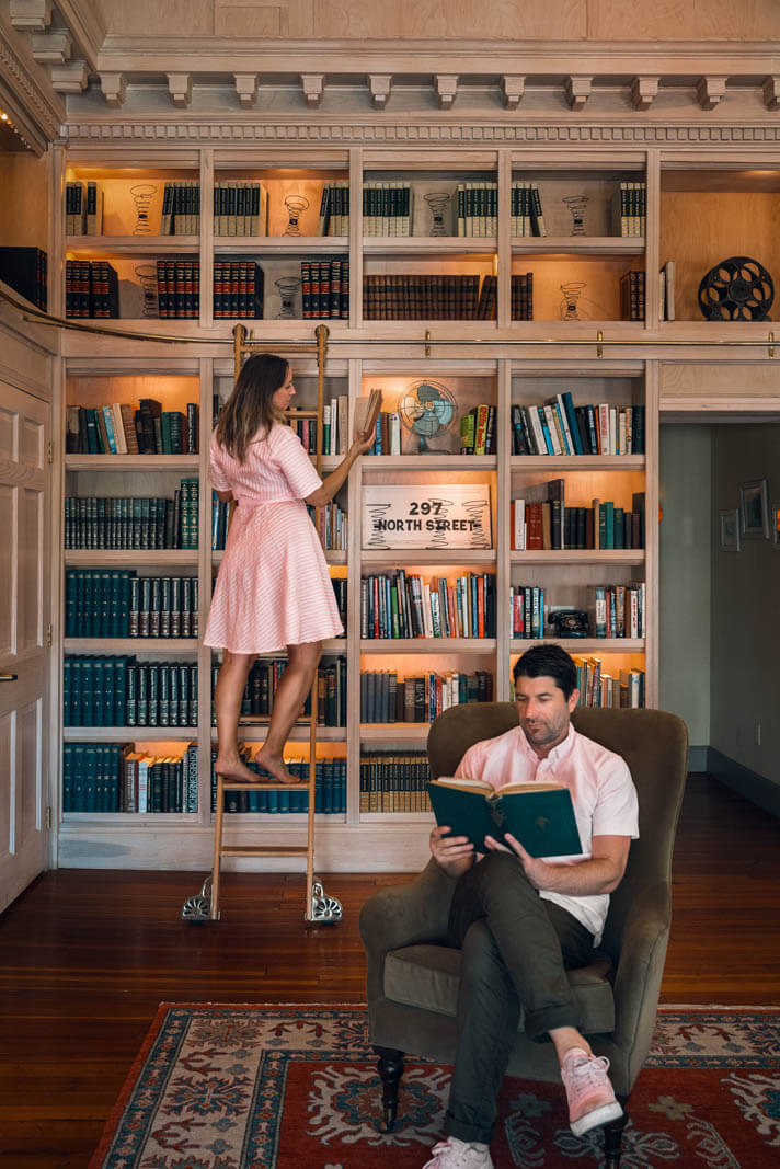 Megan and Scott in the Library Room at Hotel on North in the Berkshires in the town of Pittsfield