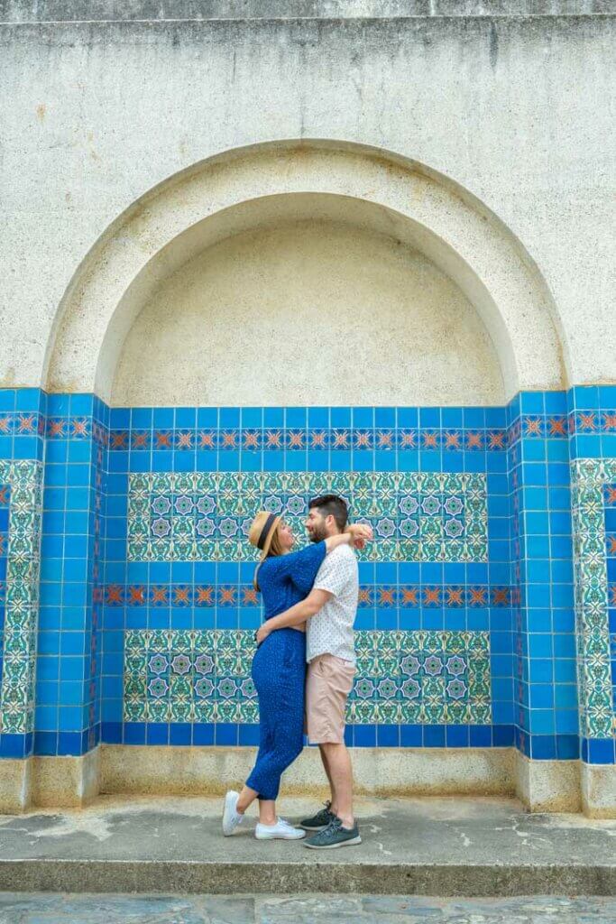 Megan and Scott posing at Wrigley Memorial and Botanical Gardens and the pretty tiles on Catalina Island