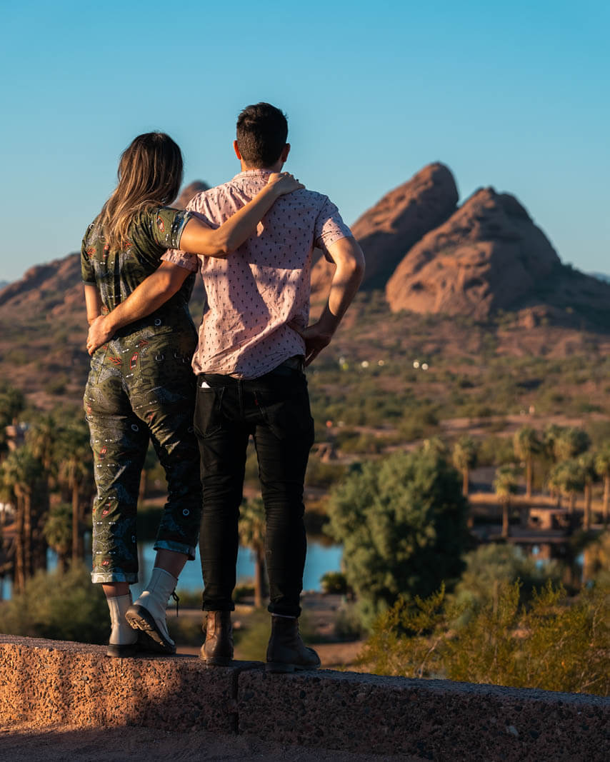 Megan and Scott posing enjoying the views from Governor Hunts Tomb in Papago Park in Phoenix and Tempe Arizona