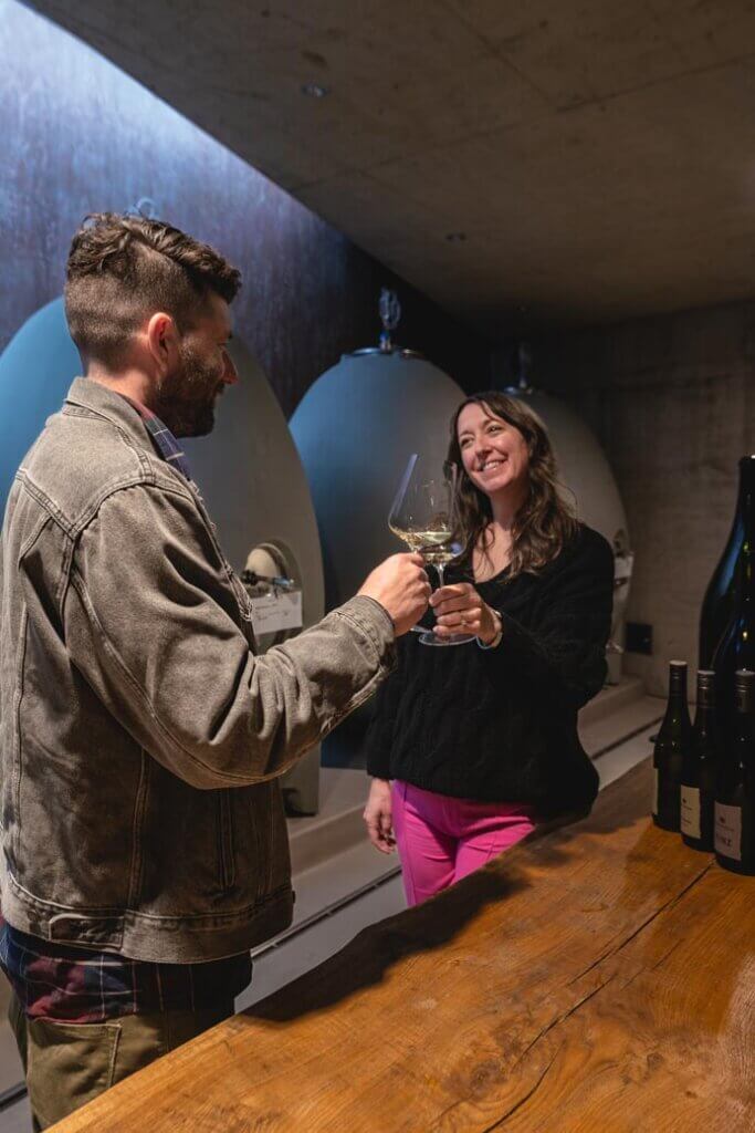 Megan and Scott wine tasting at Weingut am Stein in Wurzburg