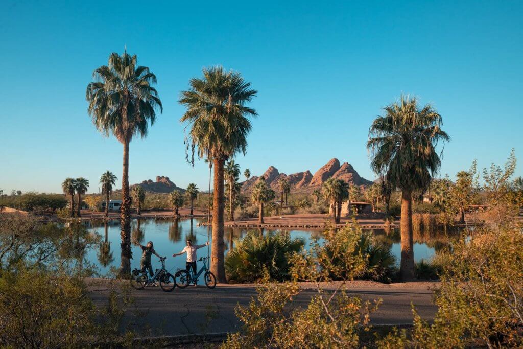 Megan and Scott with e bikes at Papago Park in Tempe Arizona