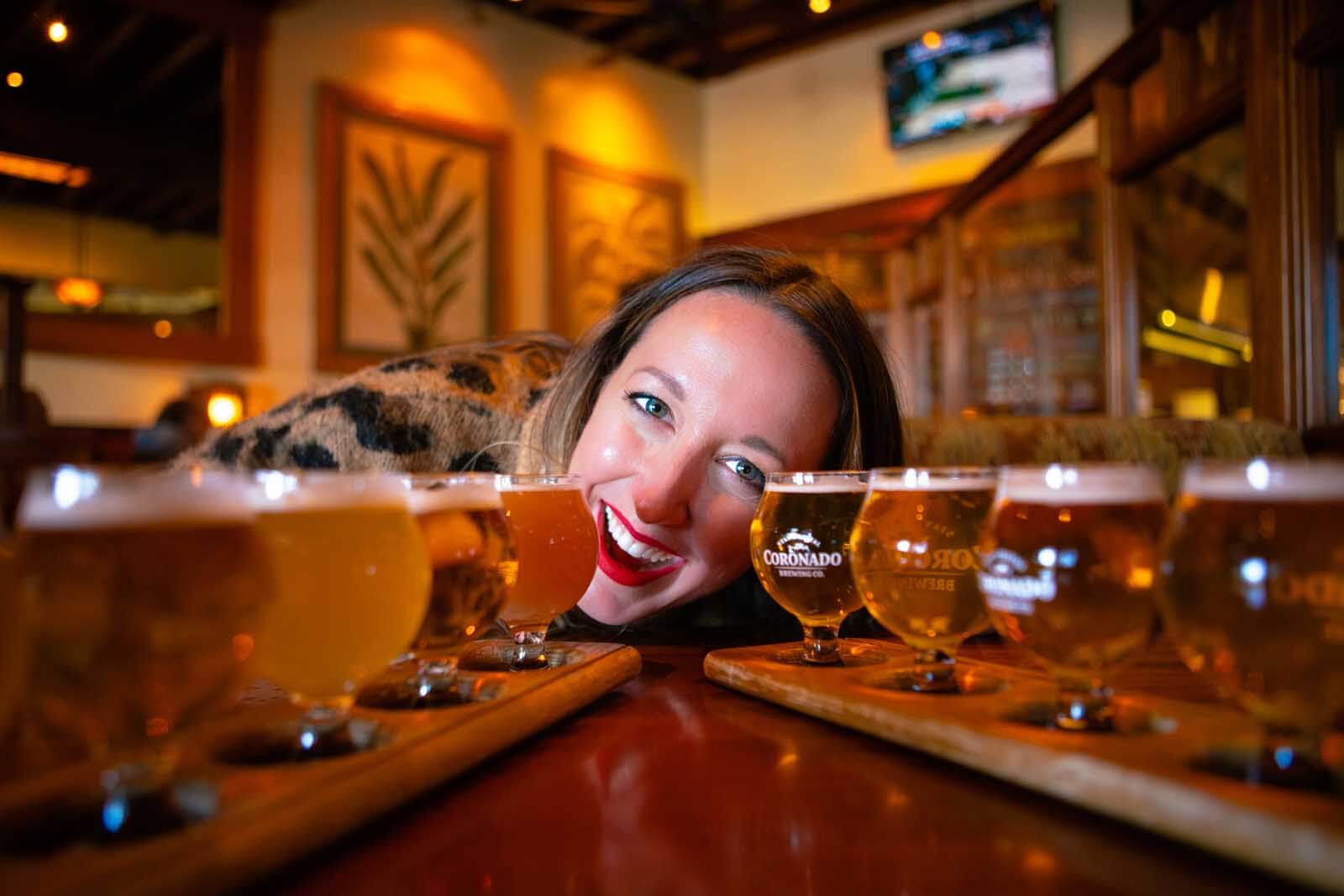 Megan with a face full of beer at Coronado Brewing Company in San Diego
