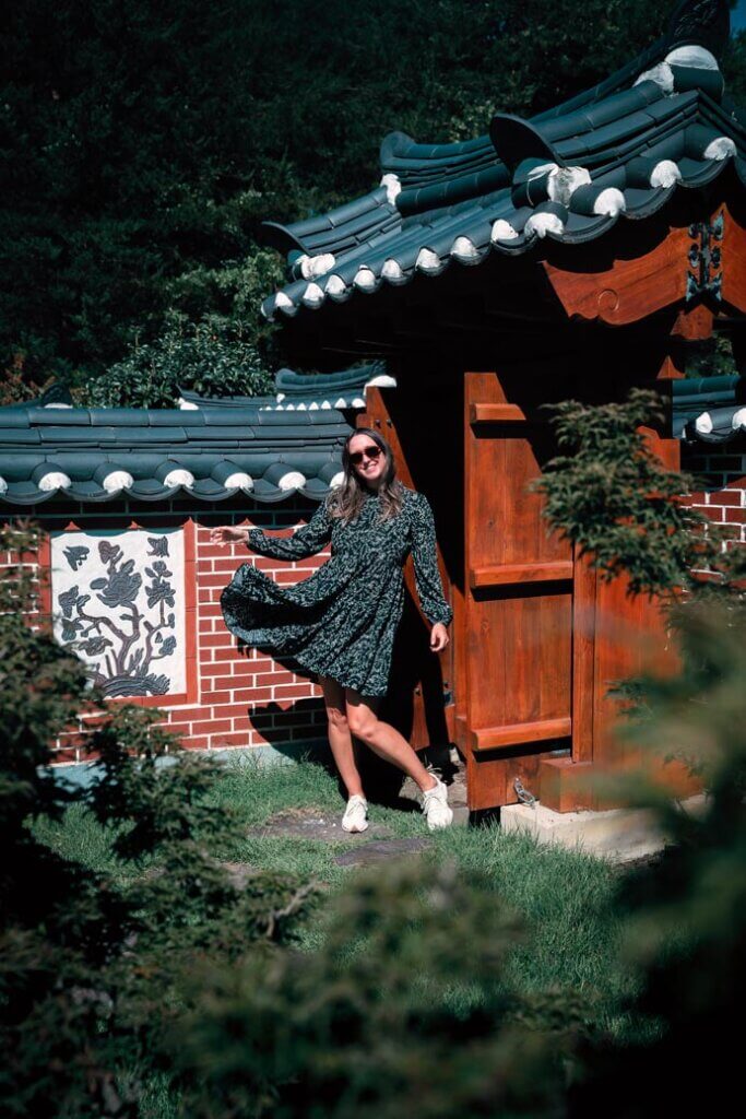 Megan at the Korean Bell Garden in Meadowlark Botanical Gardens in Fairfax County Virginia