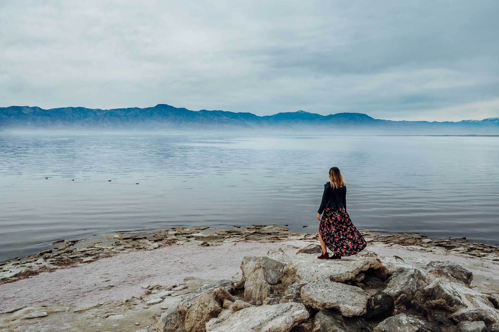 Megan standing on top of rocks looking at the dying Salton Sea in California