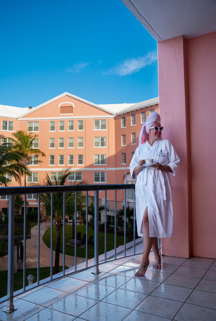 Megan enjoying morning coffee at Princess Hamilton in Bermuda