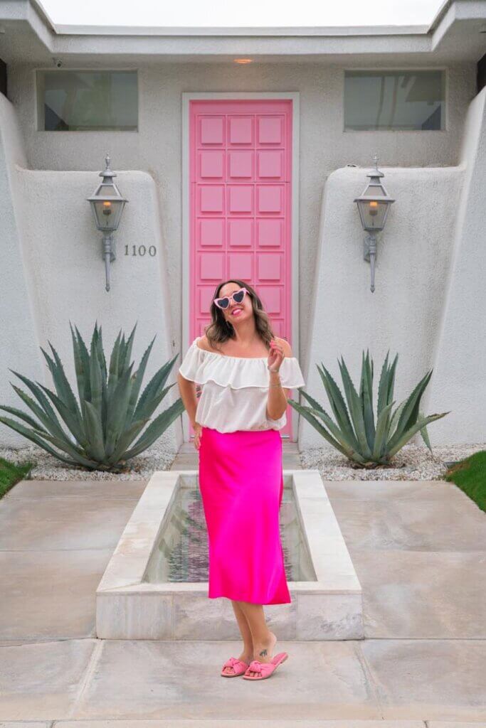 Megan in front of That Pink Door on Sierra Way in Palm Springs California