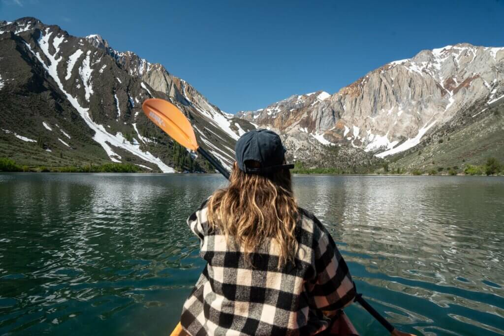 Megan kayaking at Convict Lake in Mammoth Lakes California