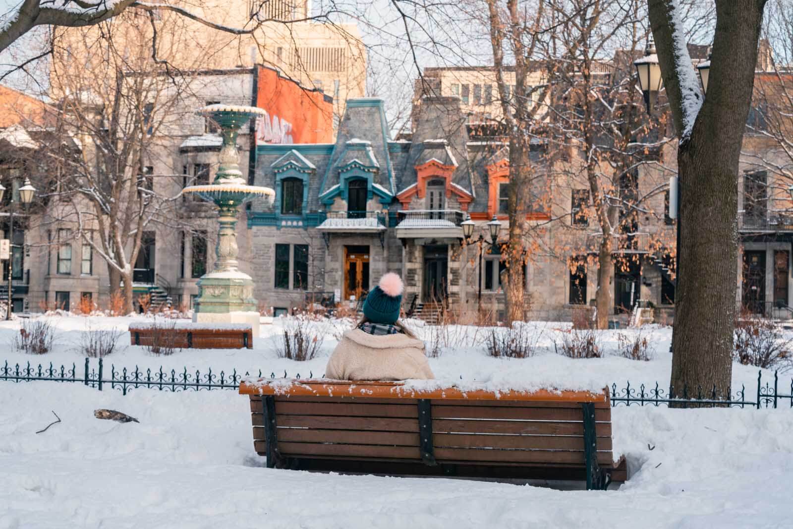 Megan looking at Saint Louis Square in Montreal