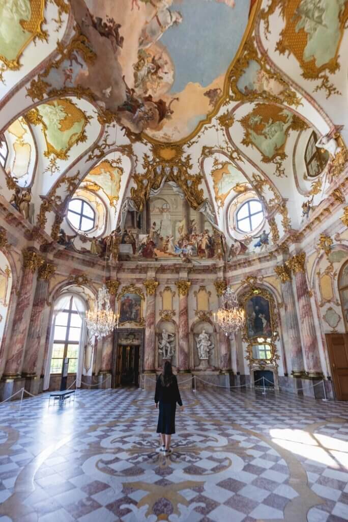 Megan looking at the ceiling inside Wurzburg Residence in Germany