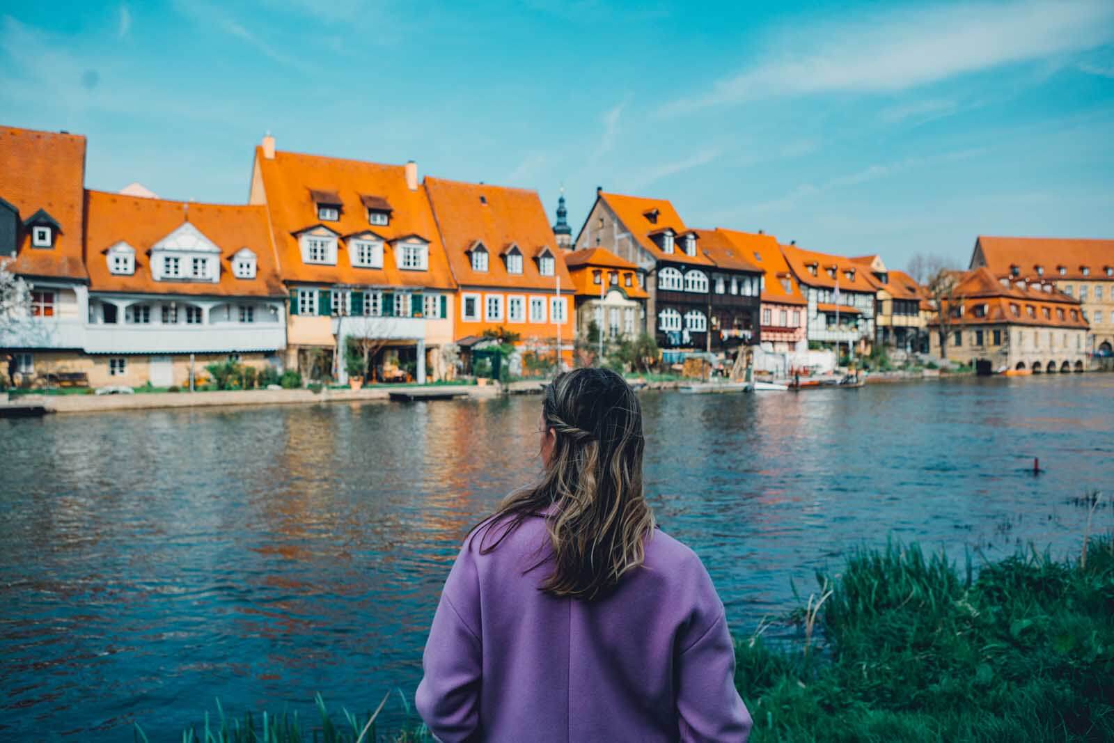 Megan looking at the homes on Bamberg Germany's little venice
