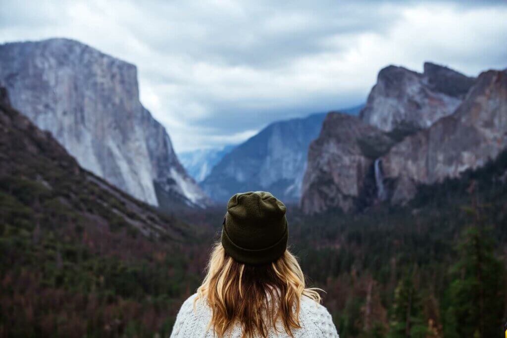 Megan looking at the view of the Yosemite Valley from Tunnel View in Yosemite National Park