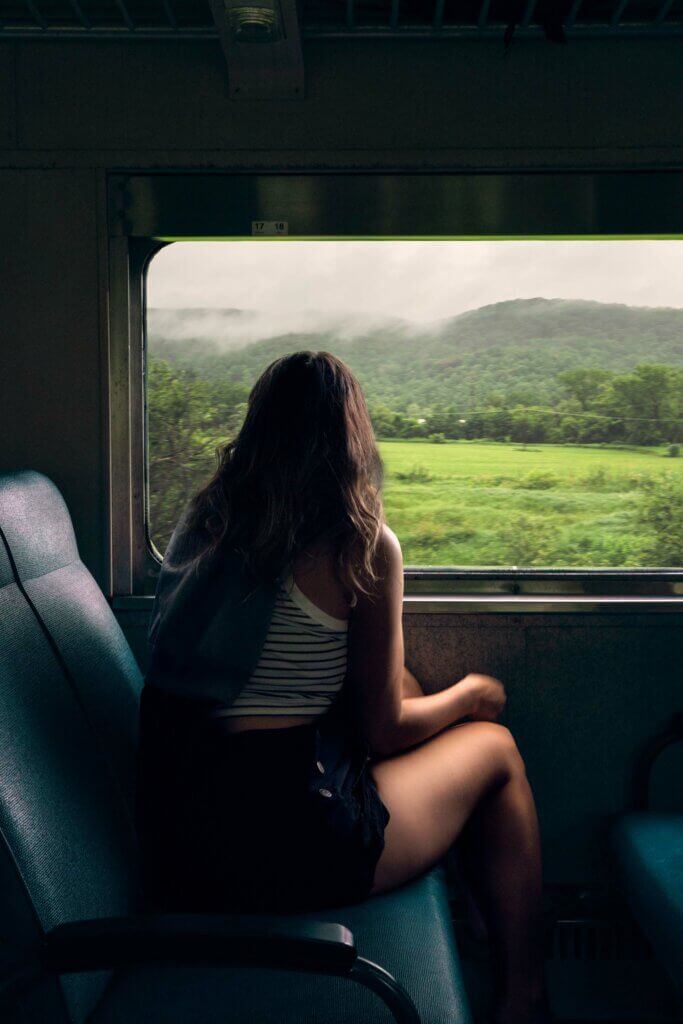 Megan looking out the window on the Berkshires Scenic Rail train ride