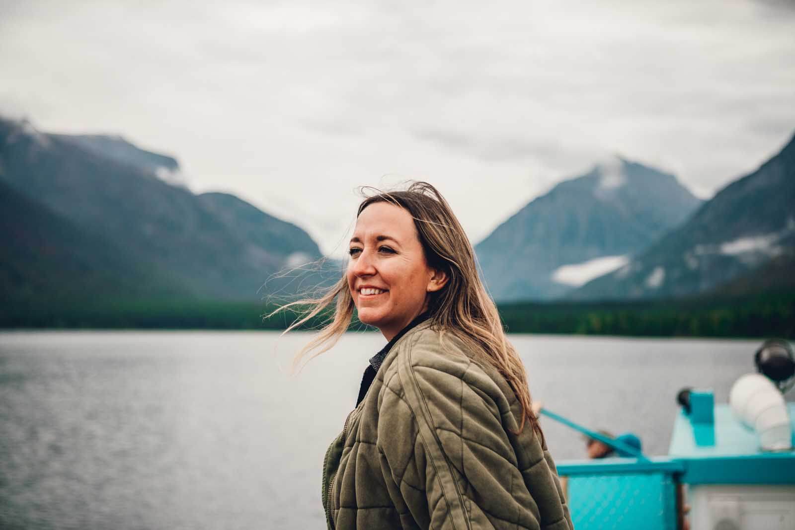 Megan on the scenic boat tour of Lake McDonald at Glacier National Park in Montana