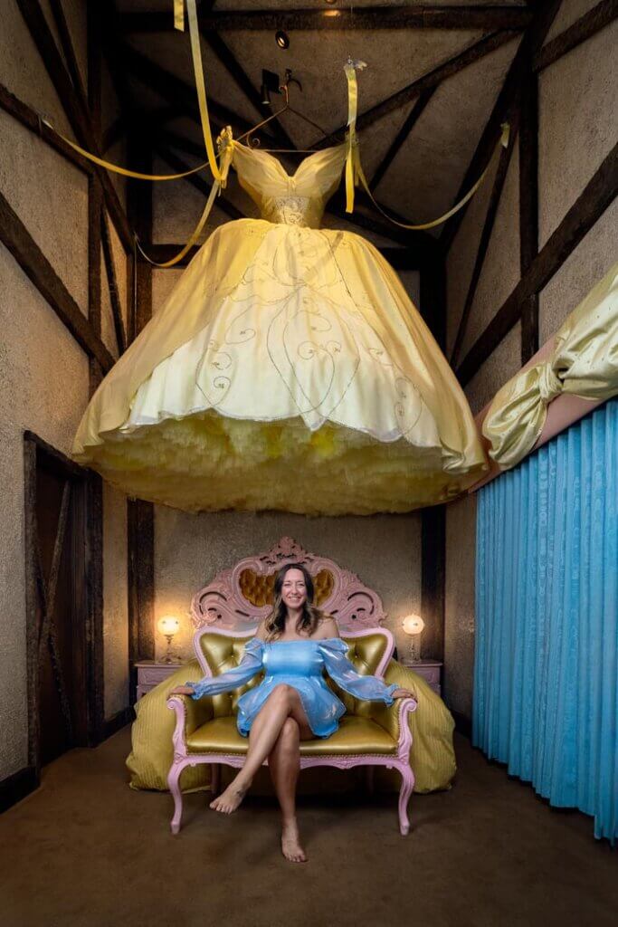 Megan posing under Cinderellas Dress at the Roxbury at Stratton Falls in Roxbury NY