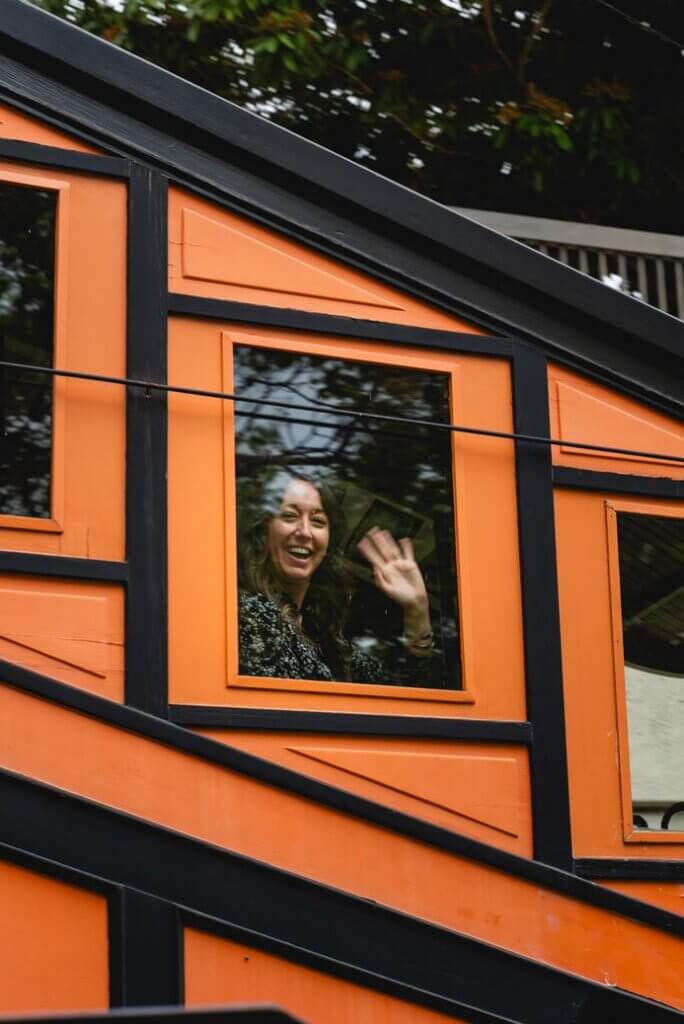 Megan riding the Angels Flight Railway funicular in Downtown Los Angeles