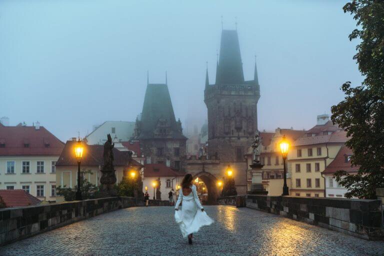 Charles Bridge at early sunrise in Prague
