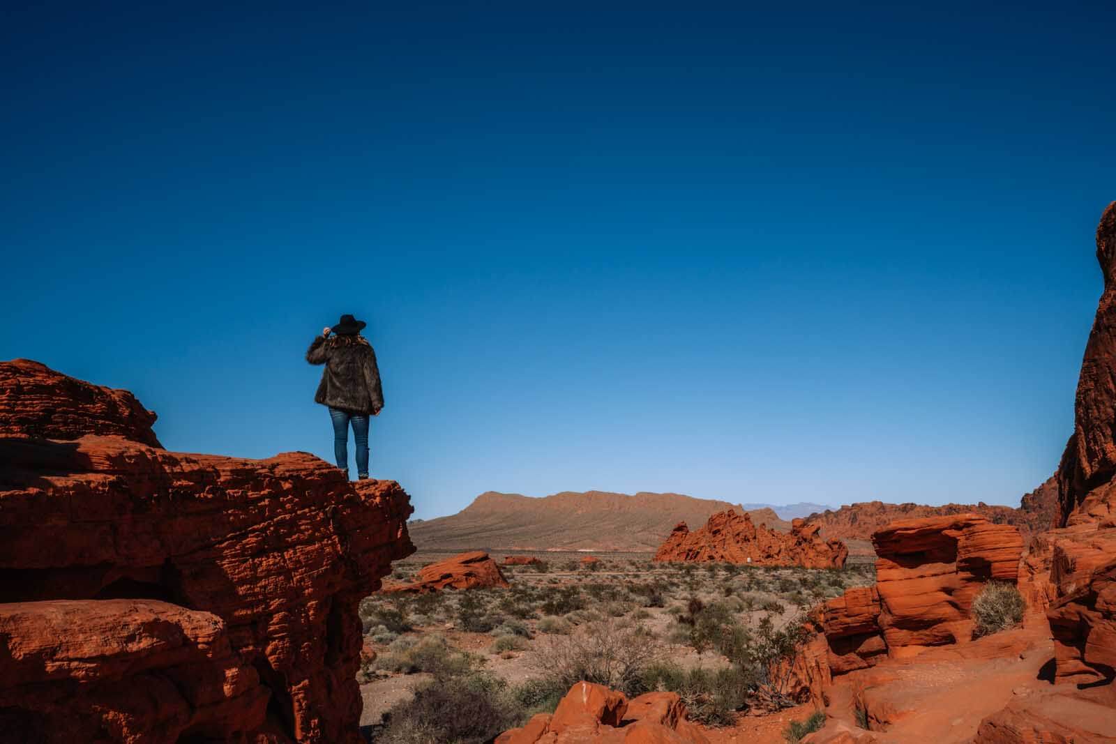 Megan standing on the rock formations at the beehives at Valley of Fire State Park