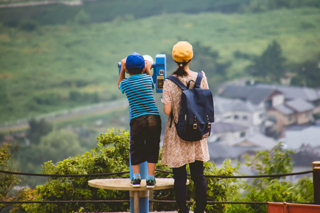 Mother & Son look down on Kyoto from Arashiyama Monkey Hill