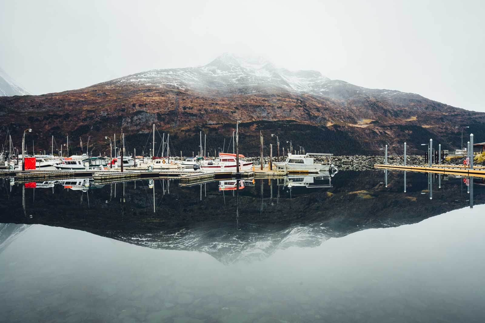 Mountains and boats view in Whittier Alaska