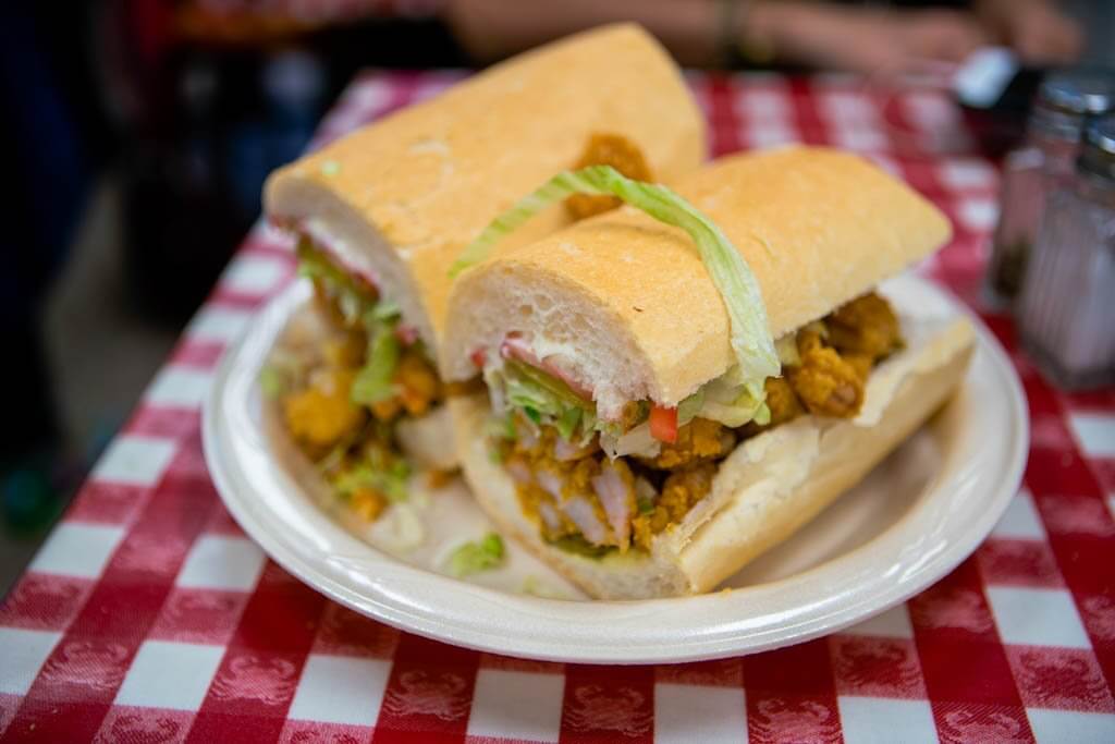 Johnnys Po Boy with breaded shrimp in New Orleans French Quarter