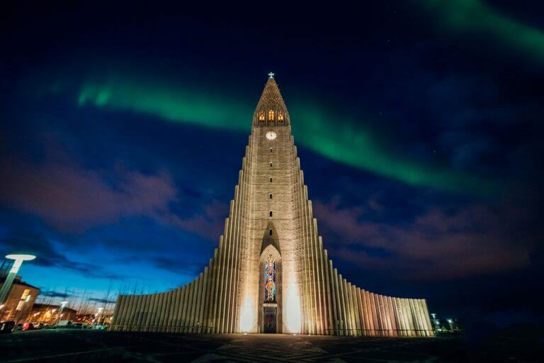 Northern Lights above Hallgrímskirkja in Reykjavik