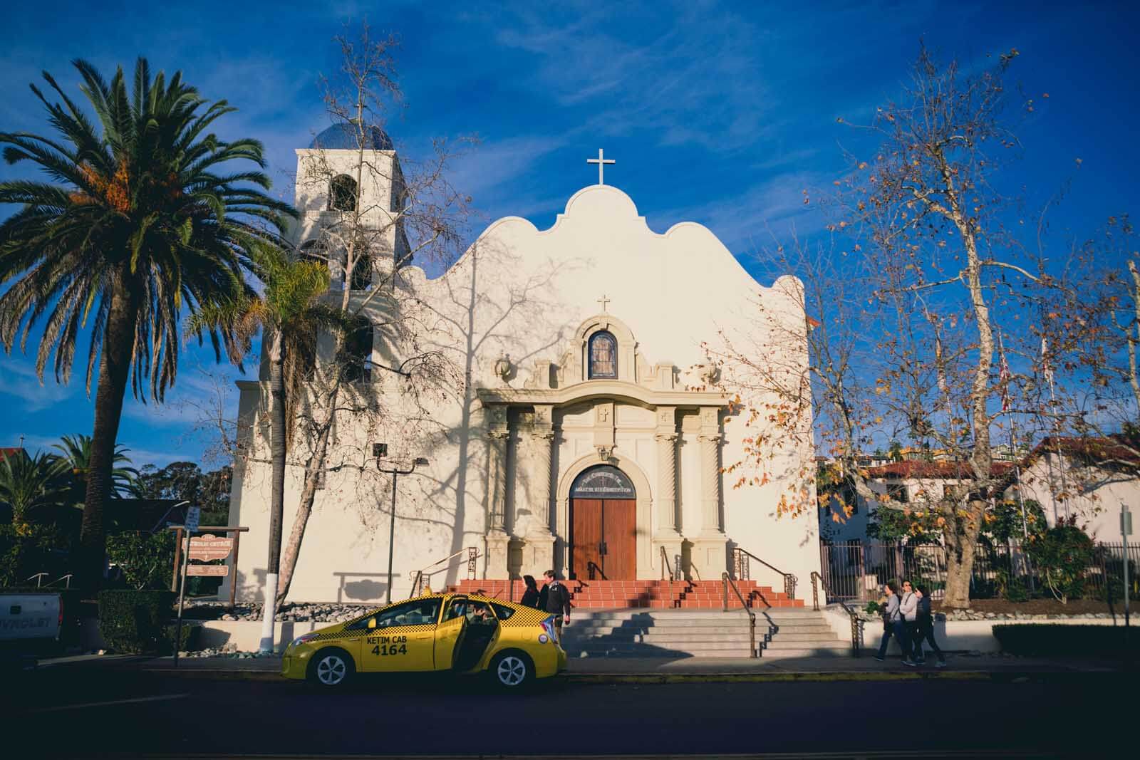 taxi outside of cathedral in Old Town San Diego