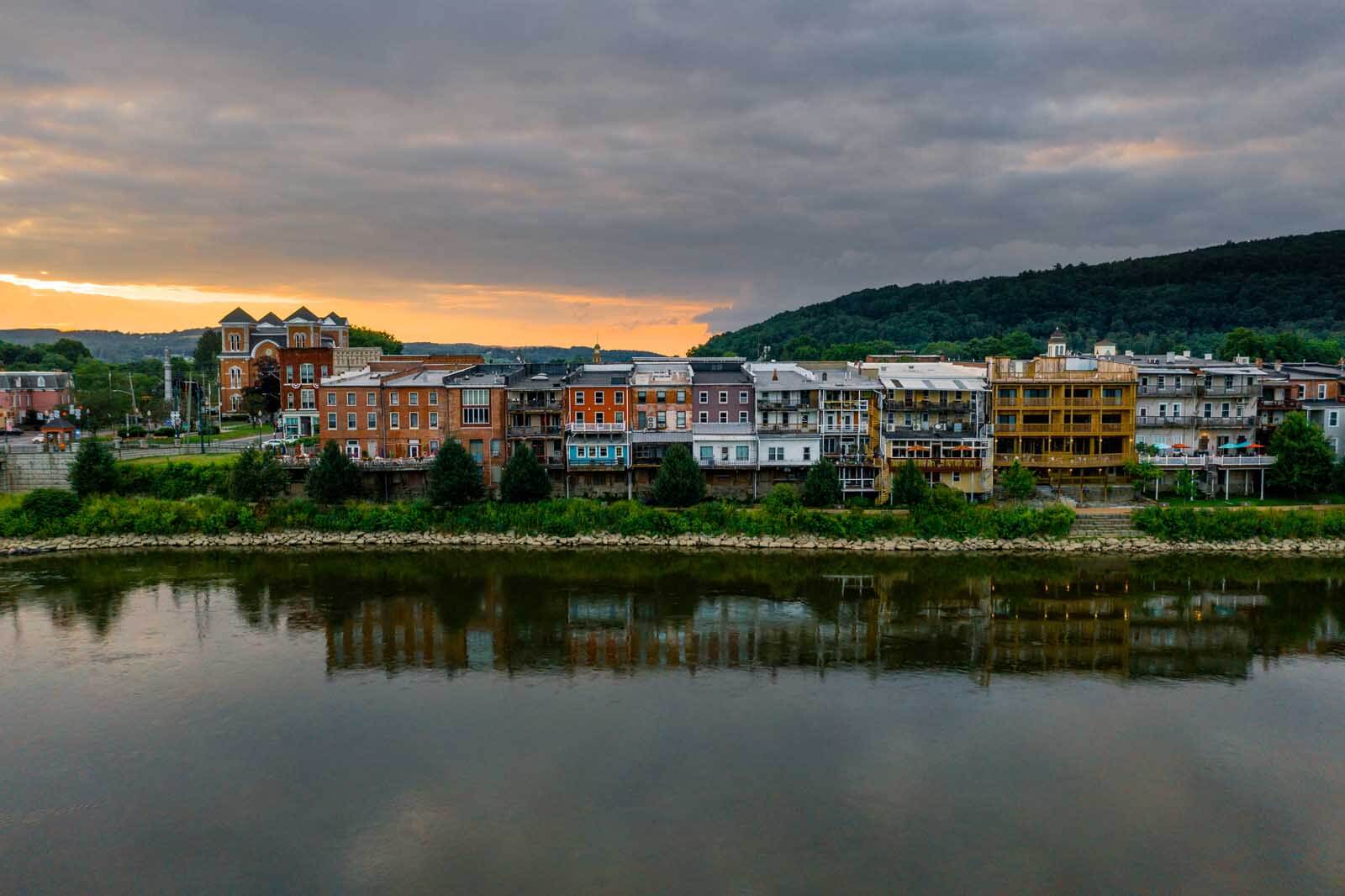 Owego Riverwalk scene from the drone over the Susquehanna River in Owego New York