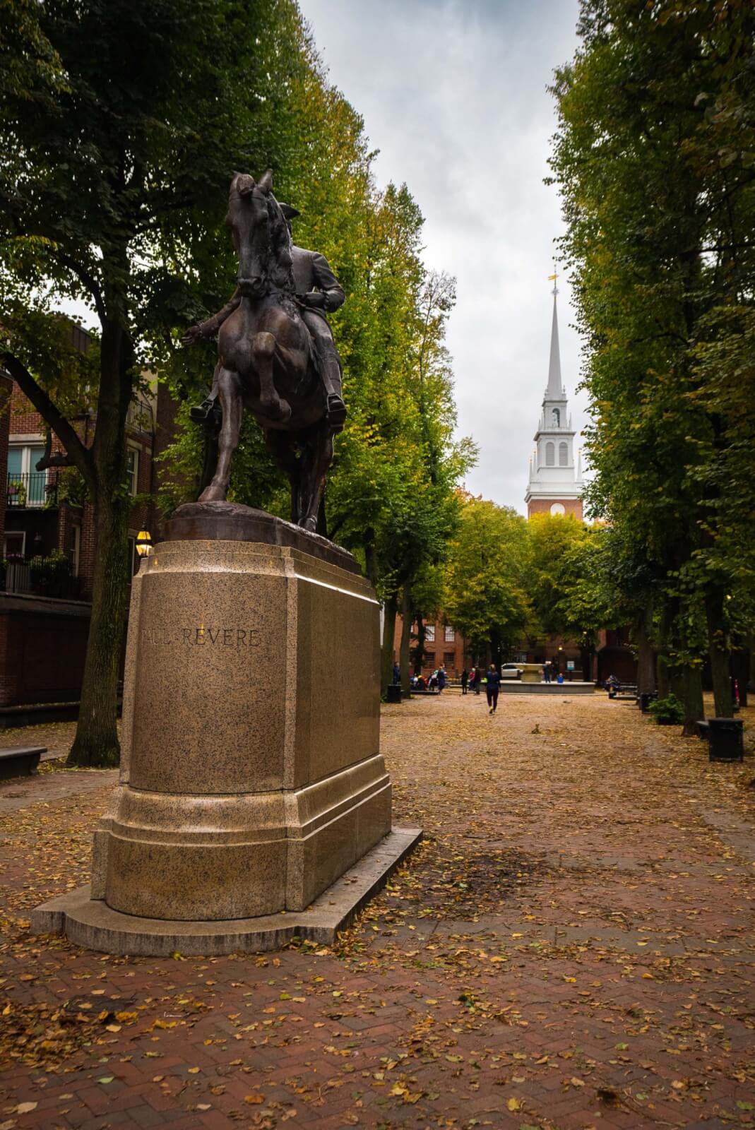 Paul Revere Monument in North End Boston with Old North Church in the background