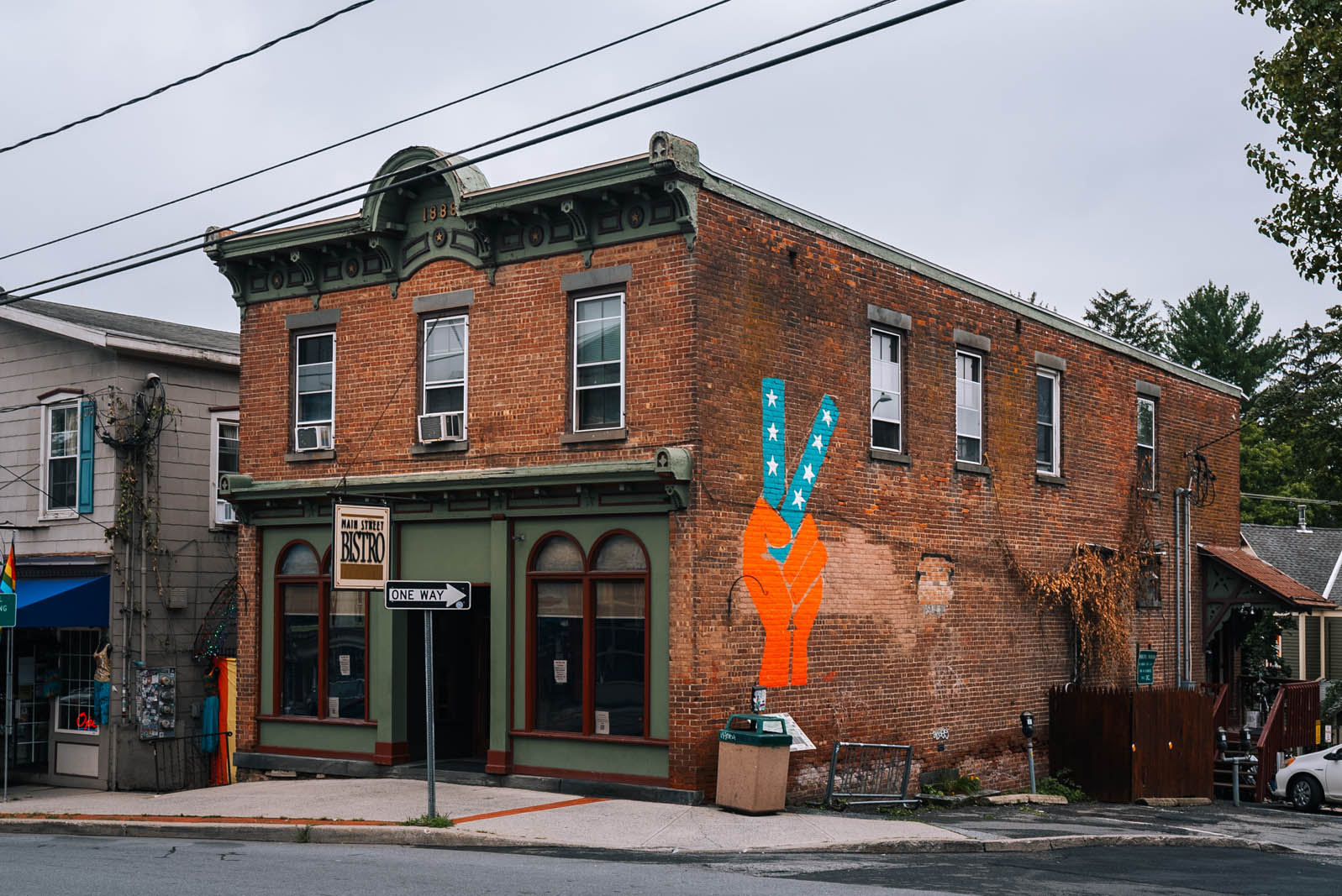 Peace sign mural on a building in downtown New Paltz New York