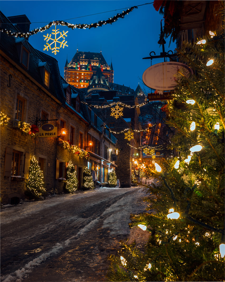 Quartier Petit-Champlain at Christmas time at night in Quebec City Canada