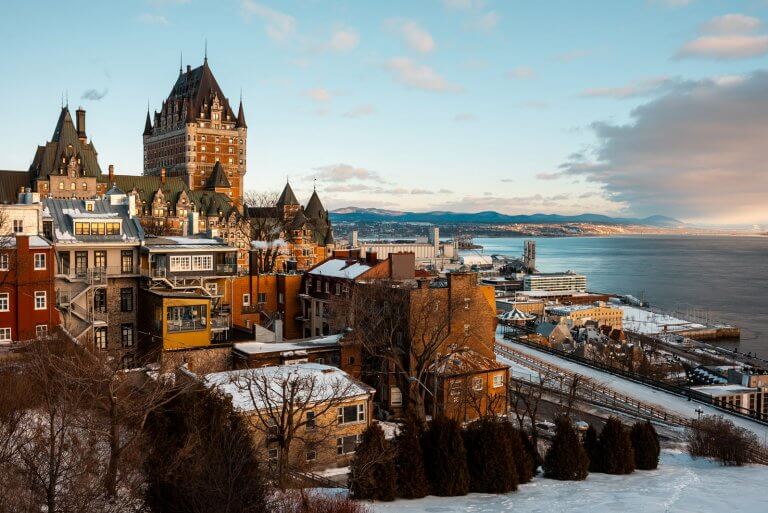 Quebec City and Chateau Frontenac view in winter from Terasse Pierre Duguas de Mons