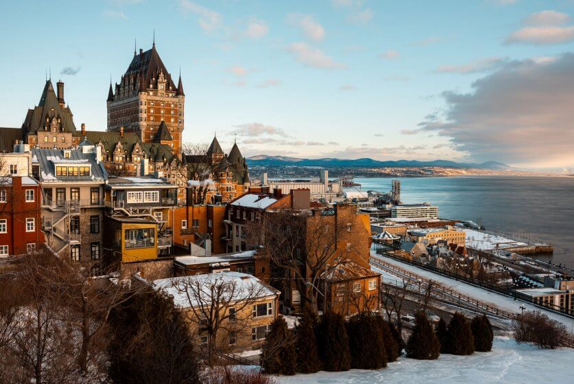 Quebec City and Chateau Frontenac view in winter from Terasse Pierre Duguas de Mons
