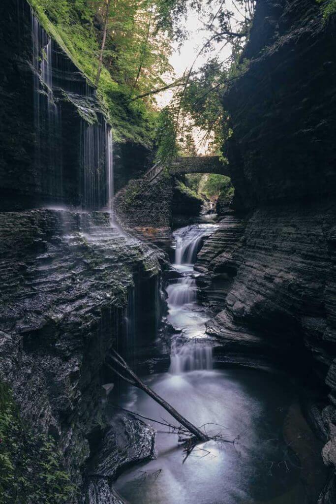 Rainbow falls at Watkins Glen State Park in the Finger Lakes New York