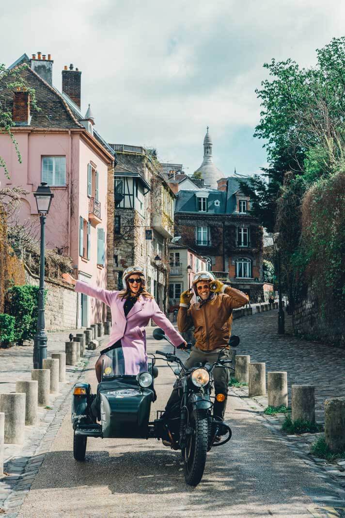 Retro Tours in Paris on a vintage motorcycle driving us through Montmartre