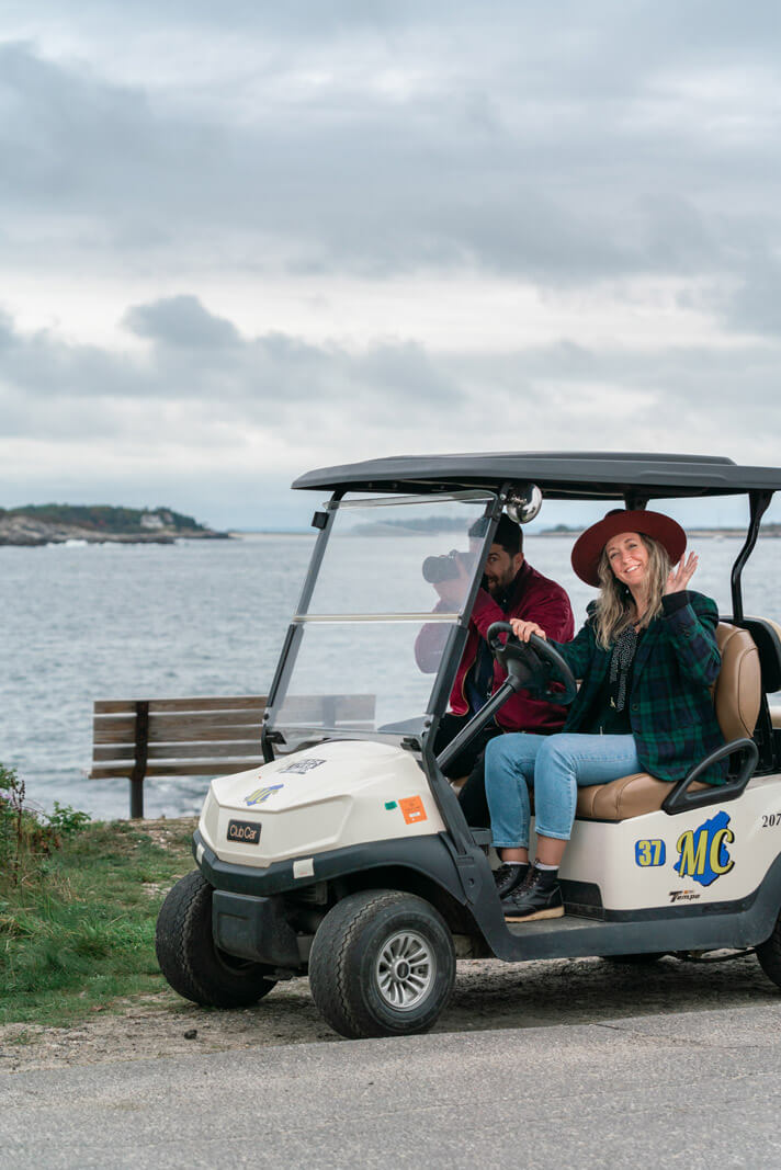 Riding our golf cart around Peaks Island at Portland Maine