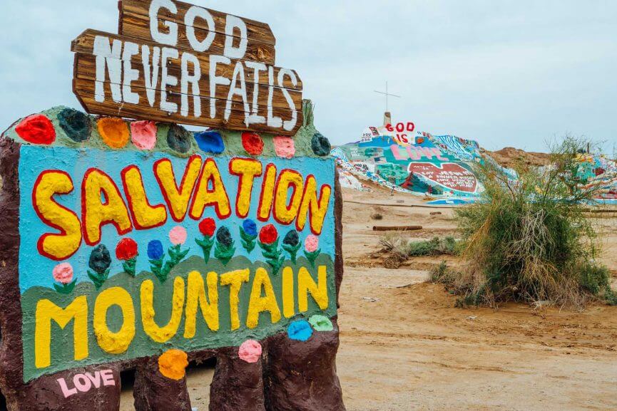 Salvation mountain and sign at Slab City and the Salton Sea
