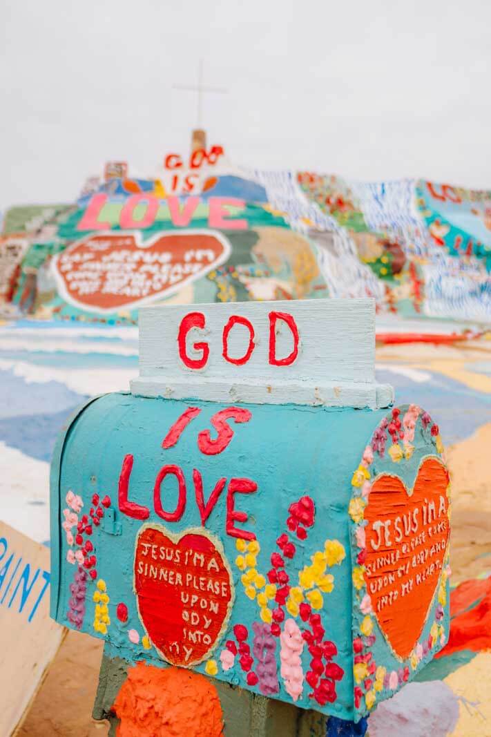 Colorful mailbox and Salvation Mountain in Slab City near the Salton Sea