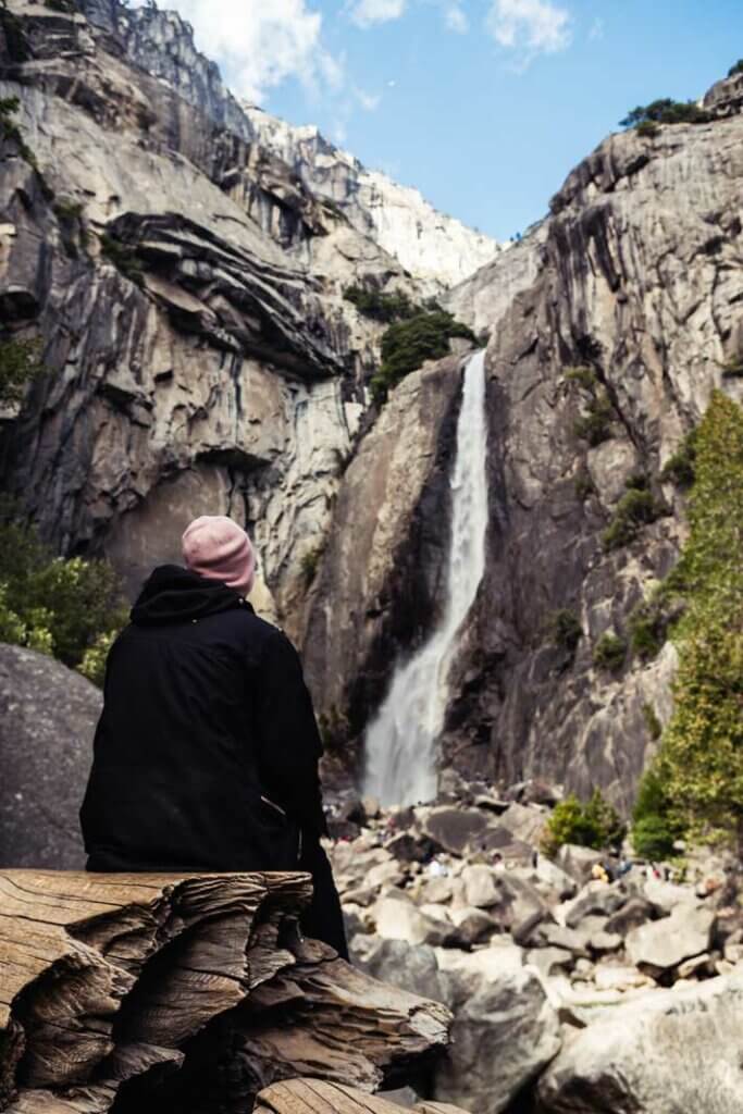 Scott looking at Lower Yosemite Falls in Yosemite National Park in winter
