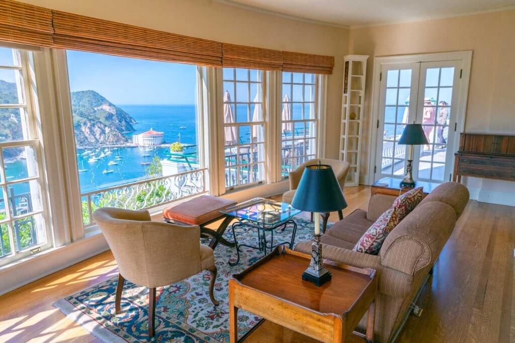the epic living room view from the Inn at Mt Ada in Catalina
