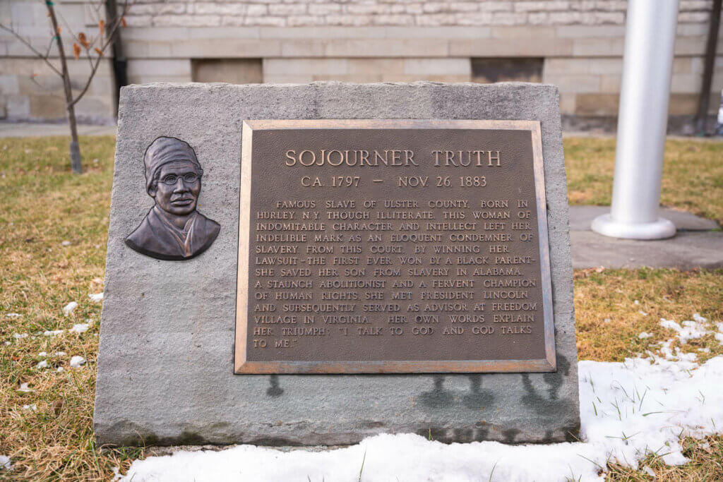 Sojourner Truth historical monument outside the Ulster County Courthouse in the Stockade District of Kingston New York