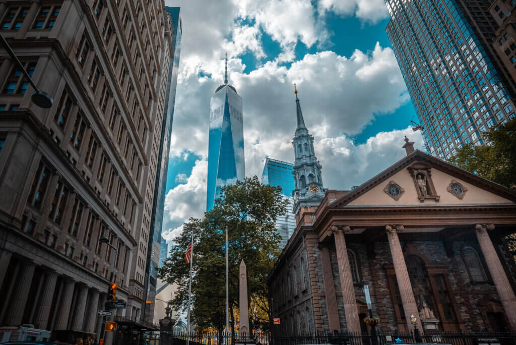 St Pauls Chapel and the World Trade Center in the Financial District NYC